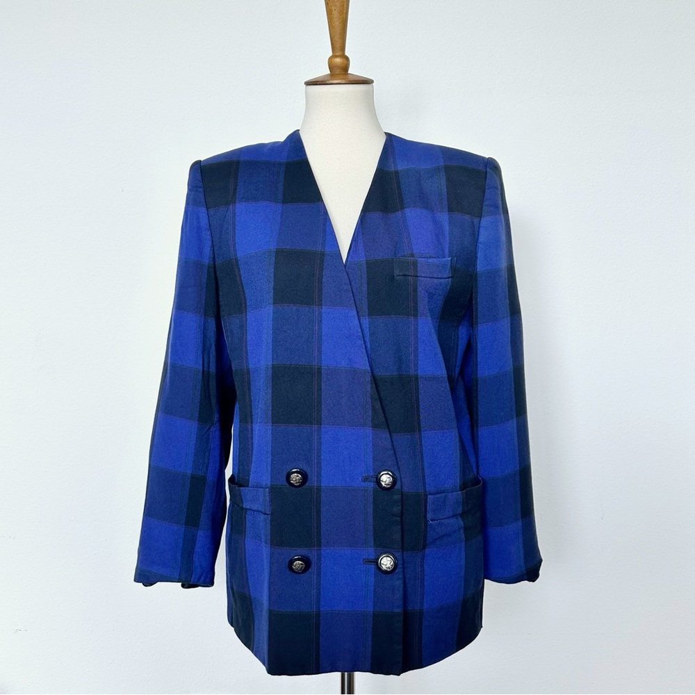 Vintage Le Suit Blue and Black Plaid Blazer